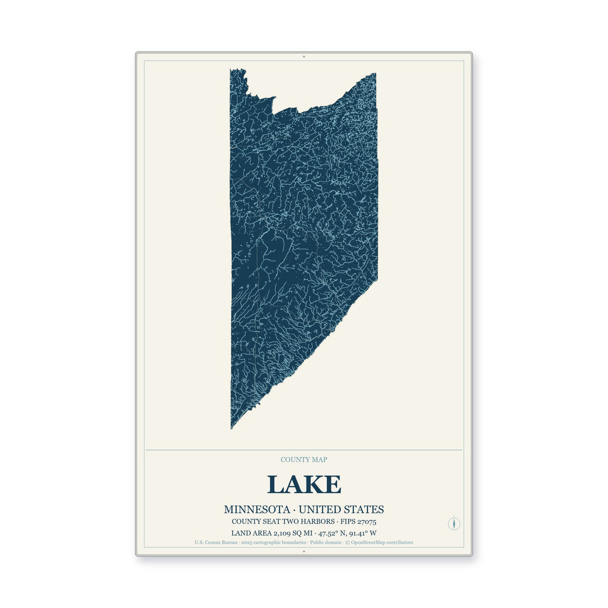 Lake County, Minnesota Map Aluminum Sign in Coastal Cutout style