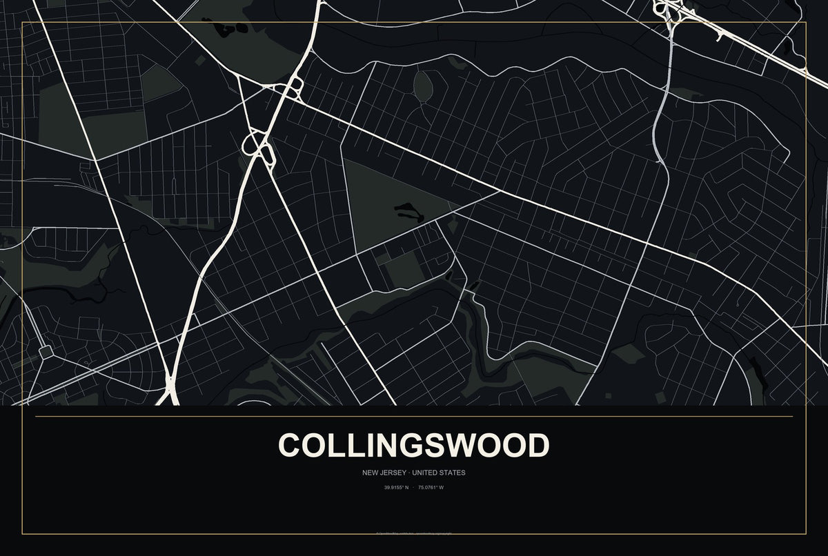 Collingswood, New Jersey City Map Aluminum Sign in Metropolitan Noir style