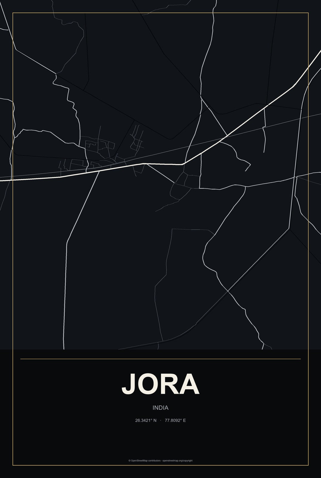 Jora, India City Map Aluminum Sign in Metropolitan Noir style