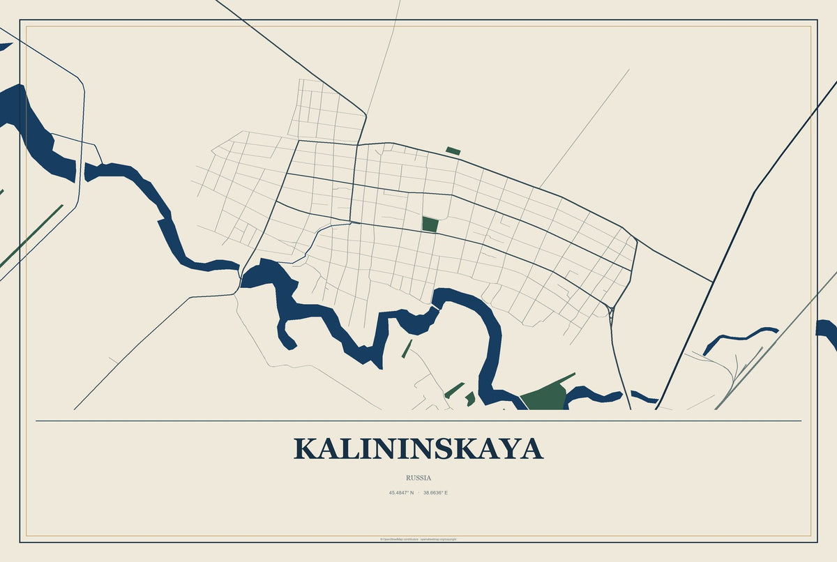 Kalininskaya, Russia City Map Aluminum Sign in Coastal Cutout style