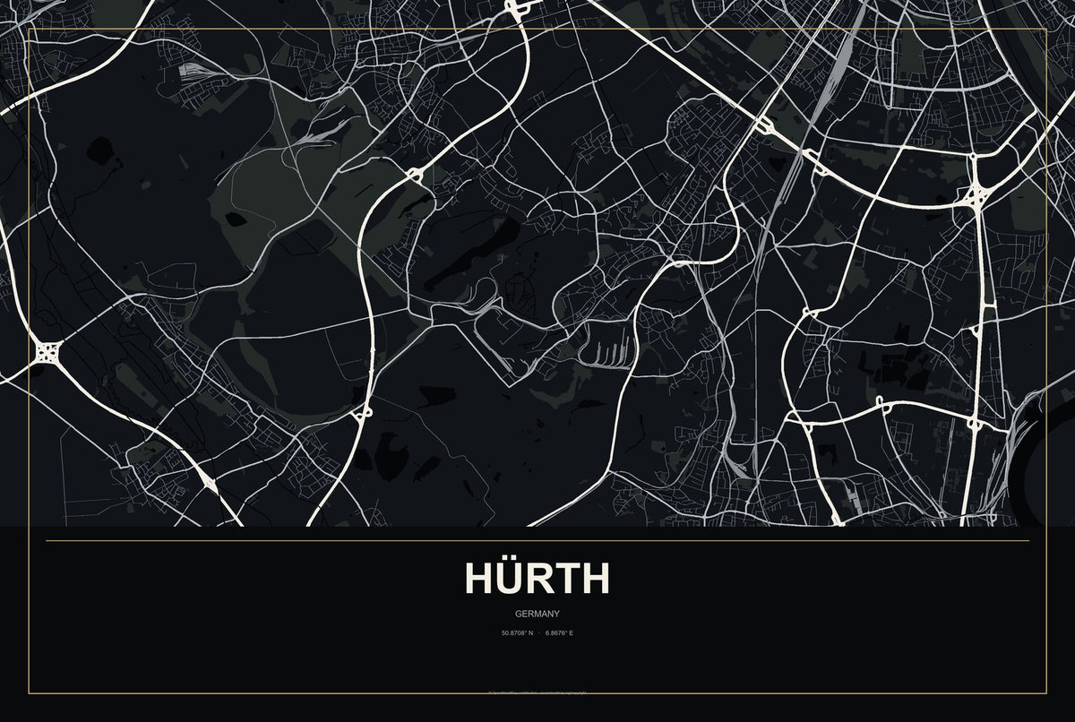 Hürth, Germany City Map Aluminum Sign in Metropolitan Noir style