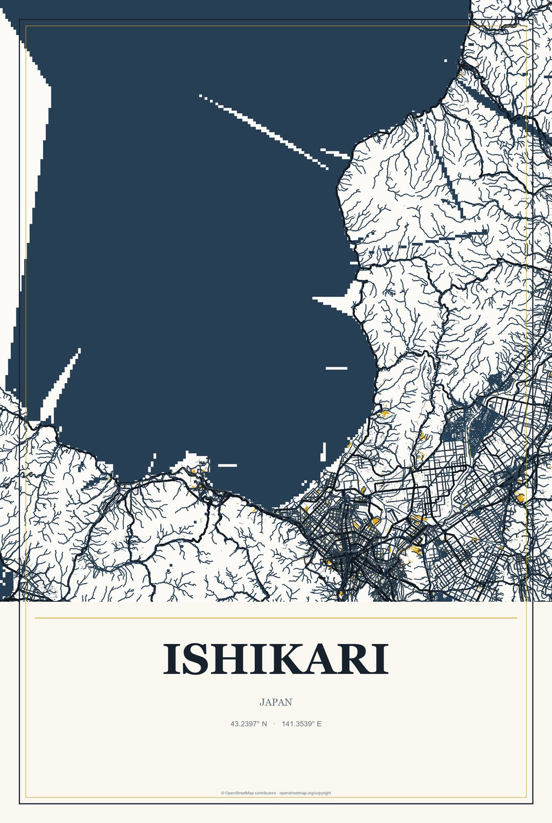 Ishikari, Japan City Map Aluminum Sign in Citrine Modern style
