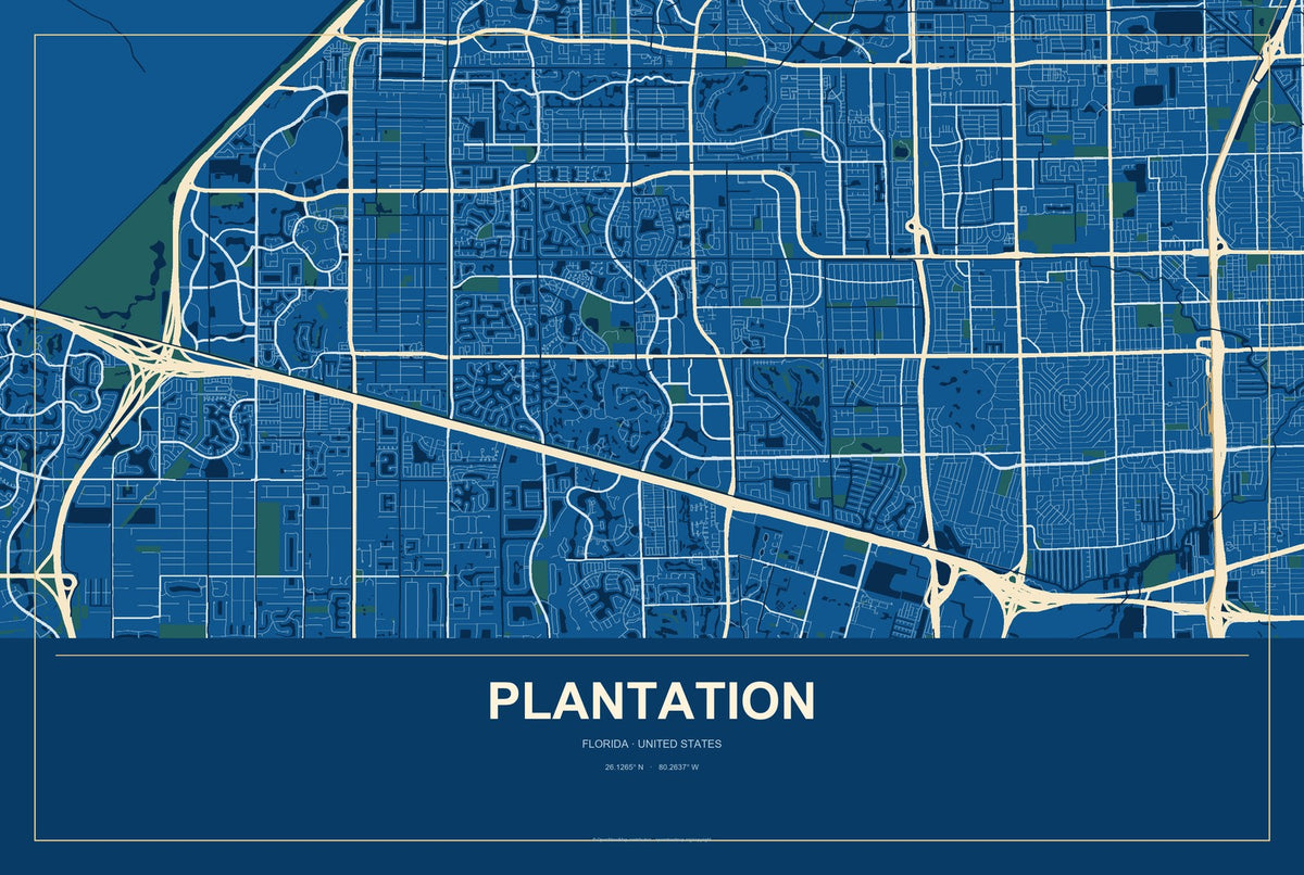 Plantation, Florida City Map Aluminum Sign in Harbor Cobalt style