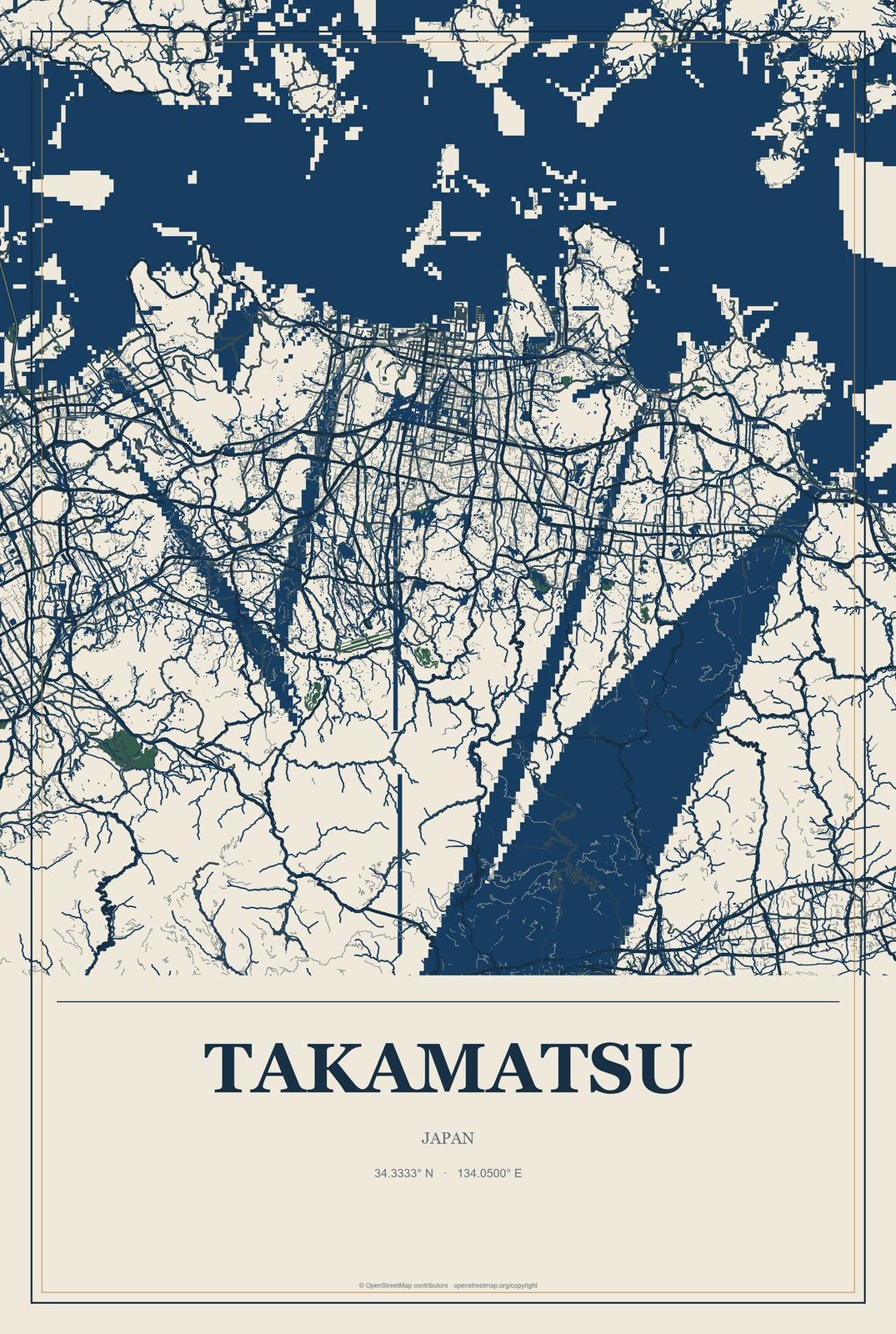Takamatsu, Japan City Map Aluminum Sign in Coastal Cutout style