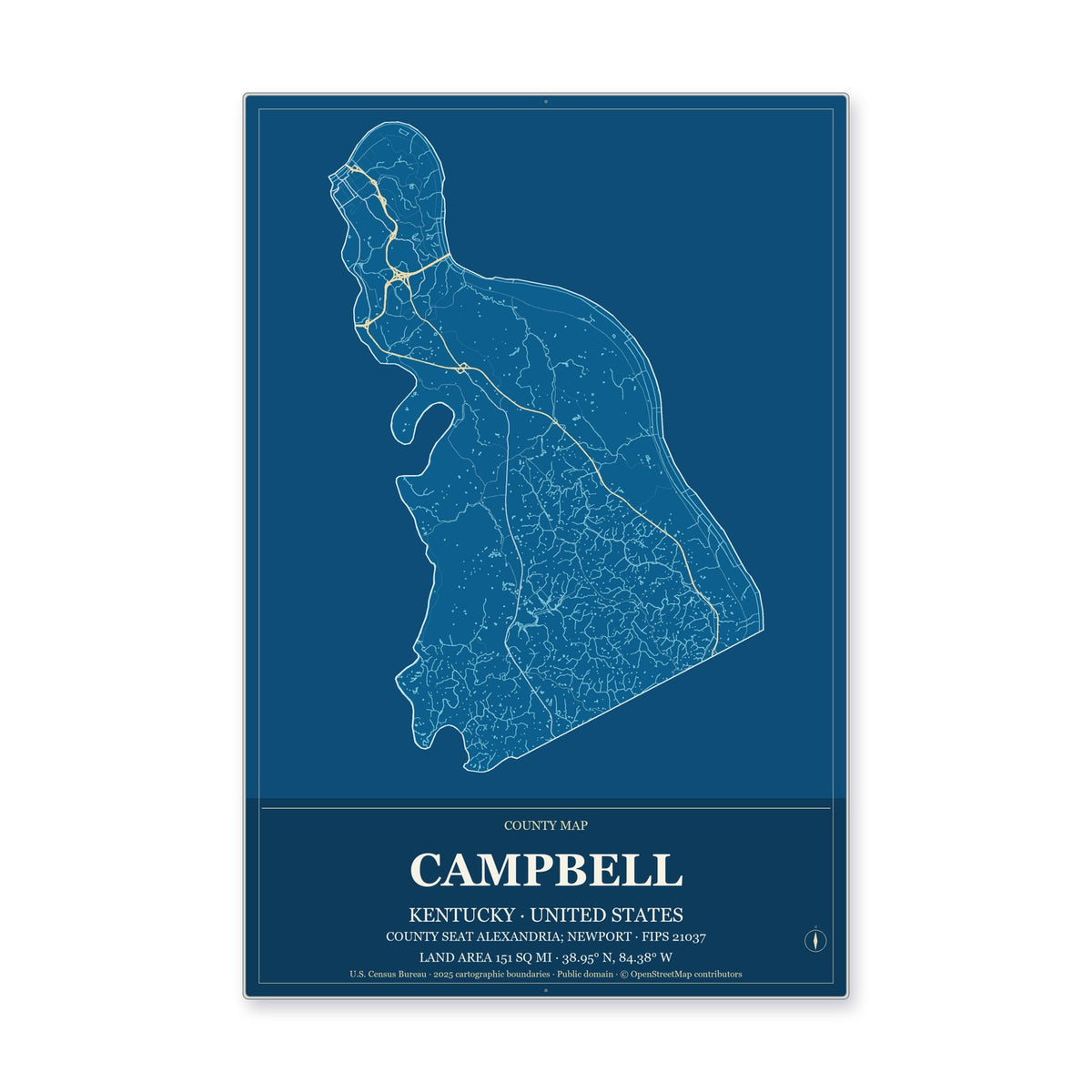 Campbell County, Kentucky Map Aluminum Sign in Harbor Cobalt style