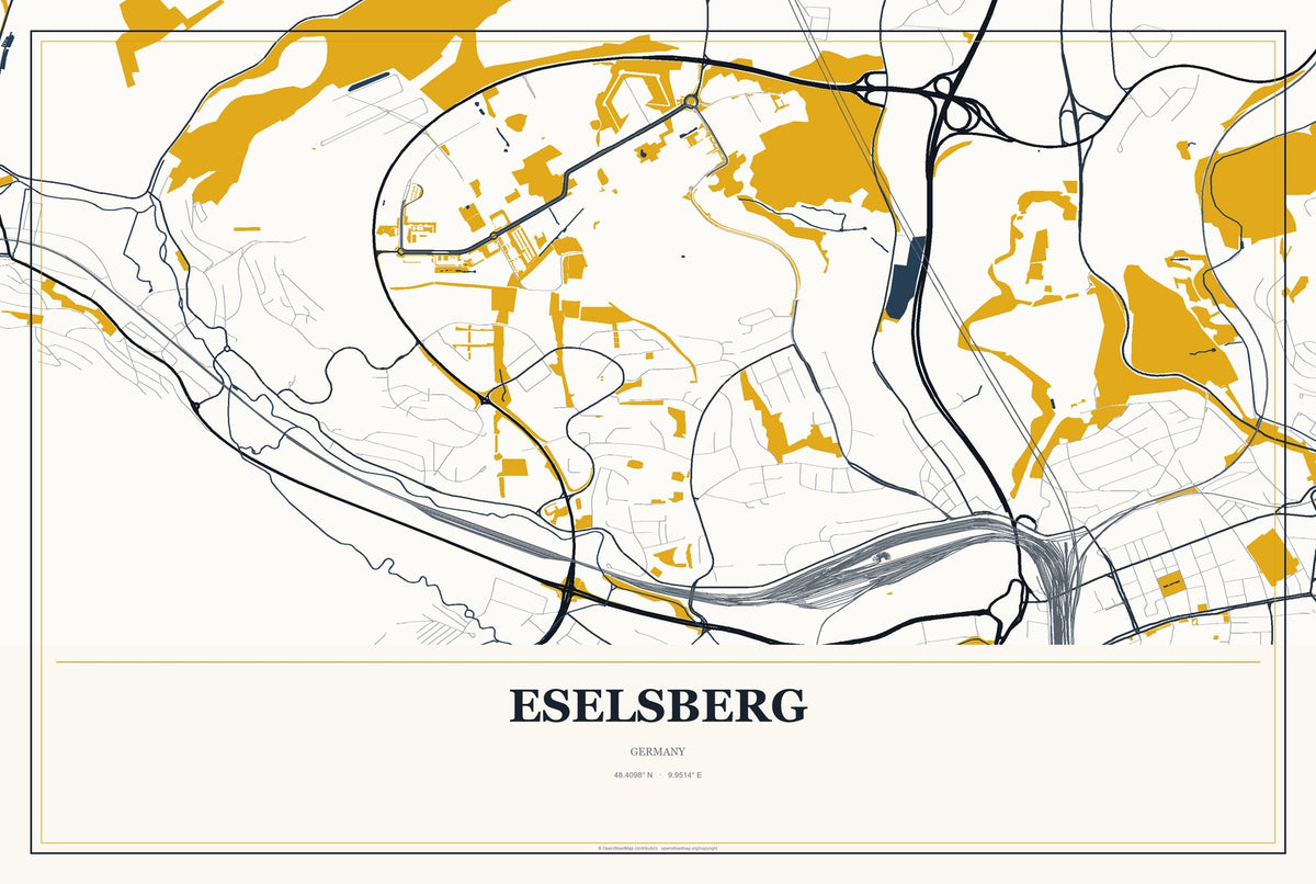 Eselsberg, Germany City Map Aluminum Sign in Citrine Modern style
