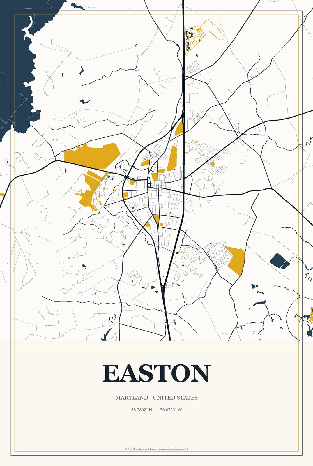 Easton, Maryland City Map Aluminum Sign in Citrine Modern style