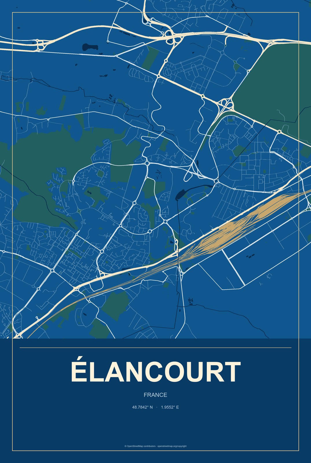 Élancourt, France City Map Aluminum Sign in Harbor Cobalt style