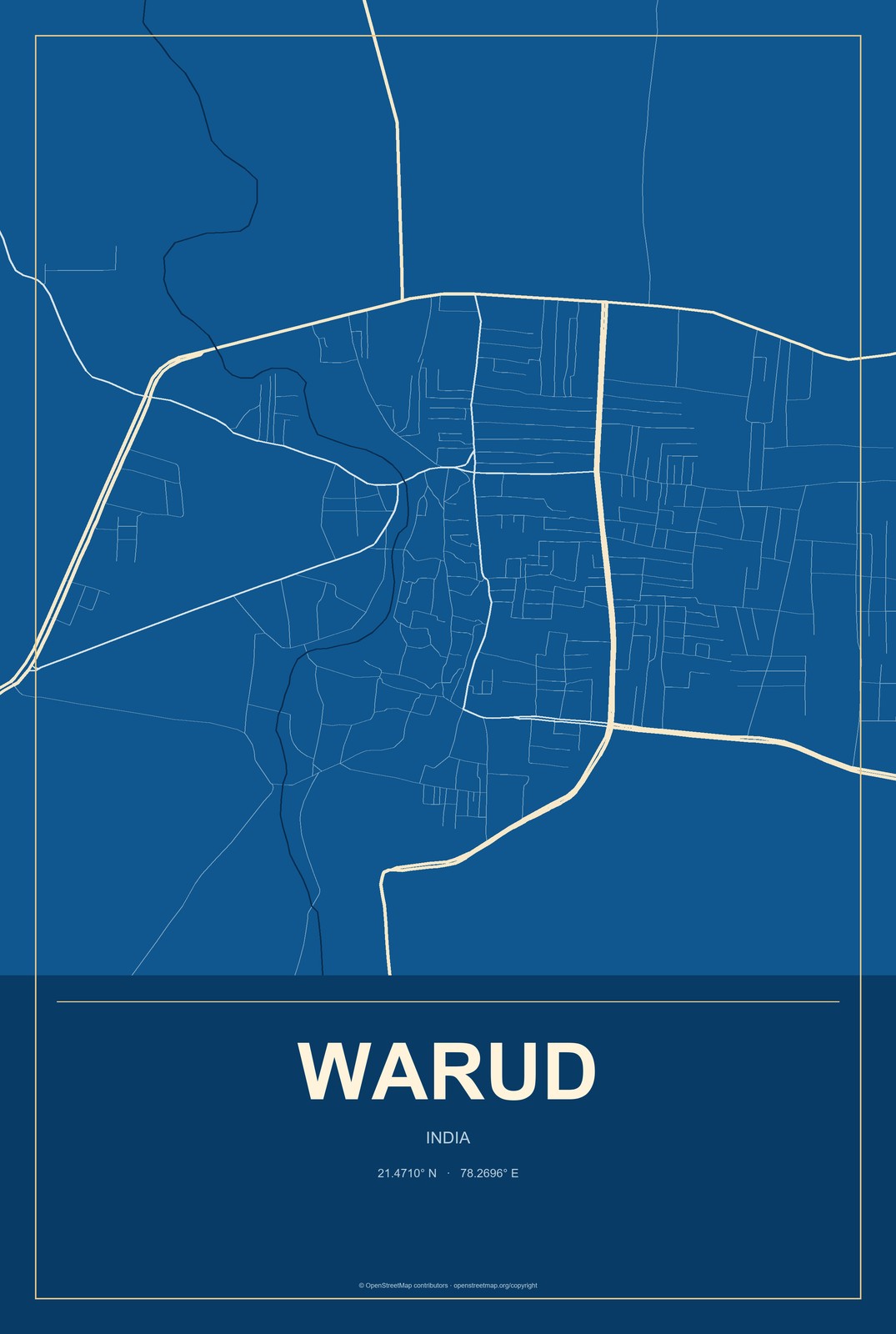 Warud, India City Map Aluminum Sign in Harbor Cobalt style