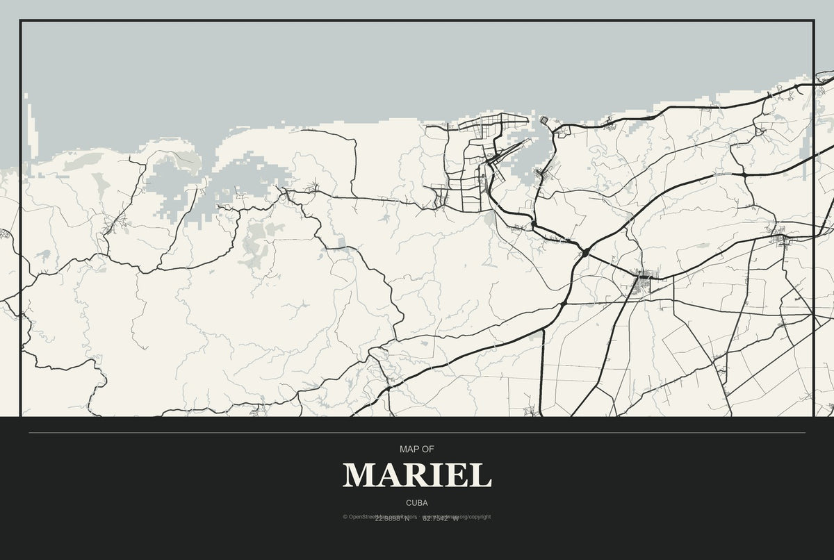 Mariel, Cuba City Map Aluminum Sign in Museum Plaque style