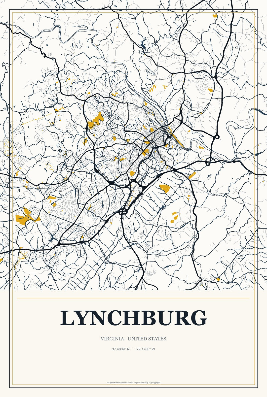Lynchburg, Virginia City Map Aluminum Sign in Citrine Modern style