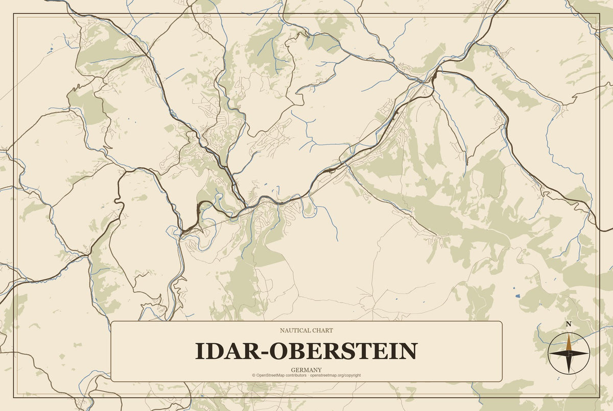 Idar-Oberstein, Germany City Map Aluminum Sign in Heritage Nautical style