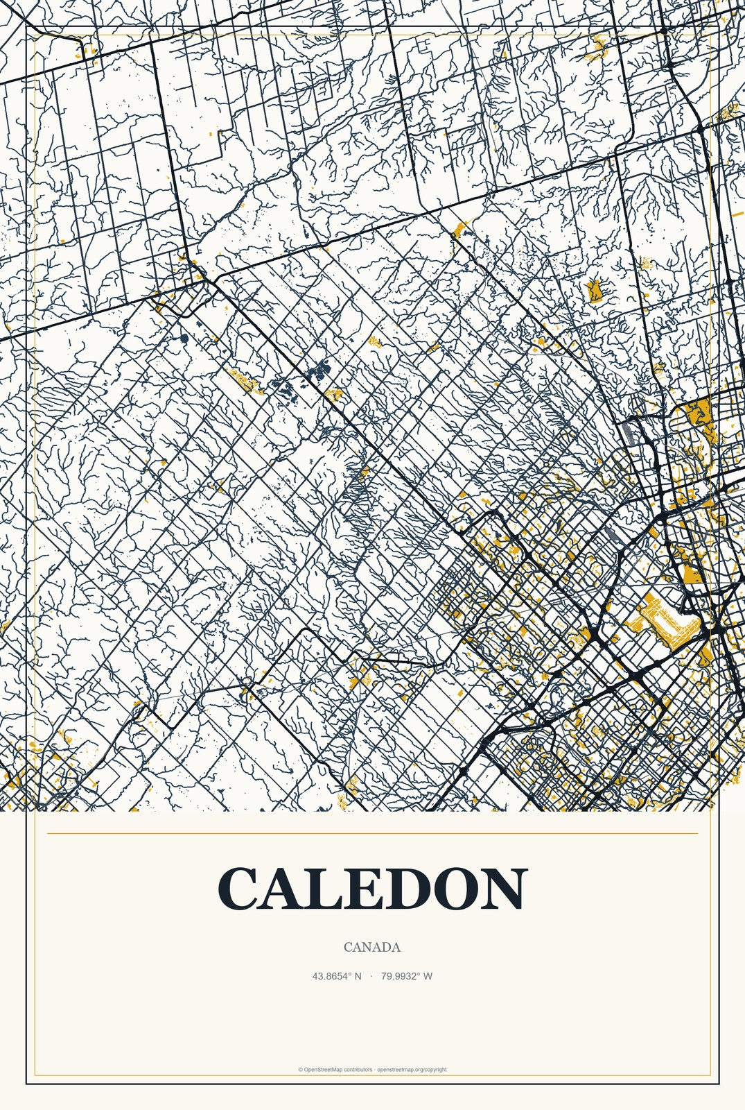 Caledon, Canada City Map Aluminum Sign in Citrine Modern style
