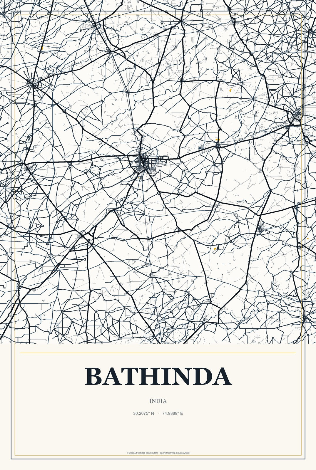 Bathinda, India City Map Aluminum Sign in Citrine Modern style