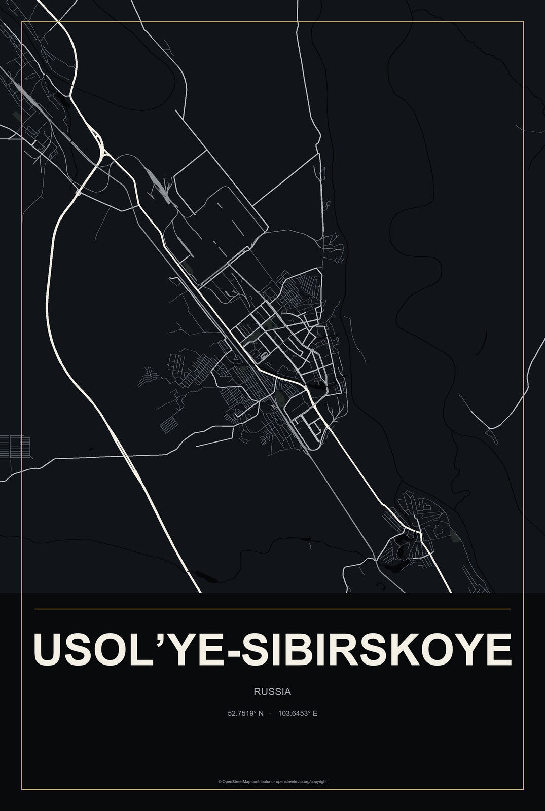 Usol’ye-Sibirskoye, Russia City Map Aluminum Sign in Metropolitan Noir style