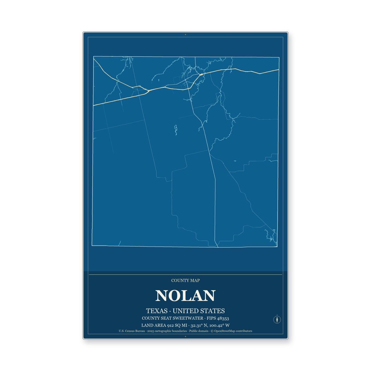 Nolan County, Texas Map Aluminum Sign in Harbor Cobalt style