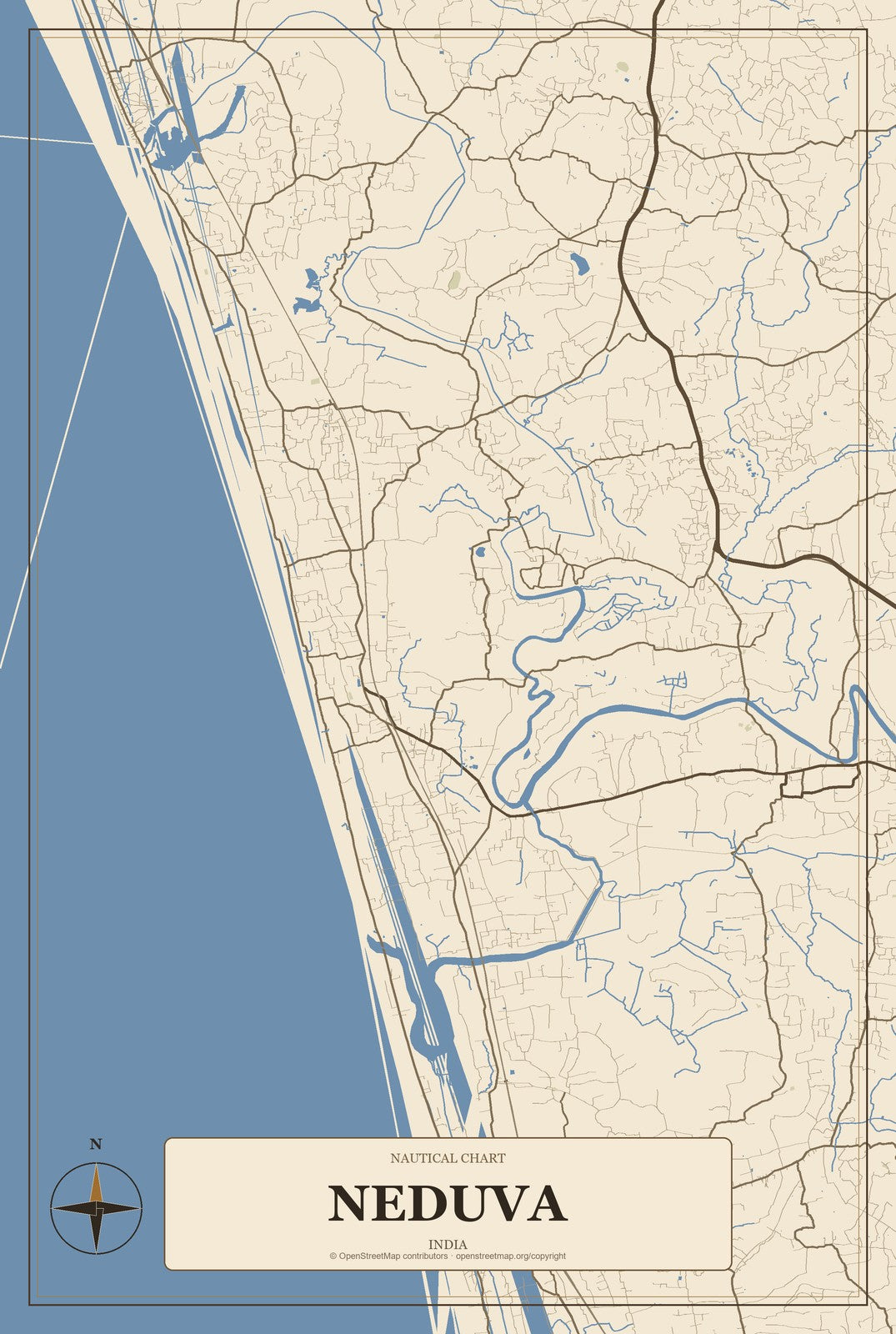 Neduva, India City Map Aluminum Sign in Heritage Nautical style