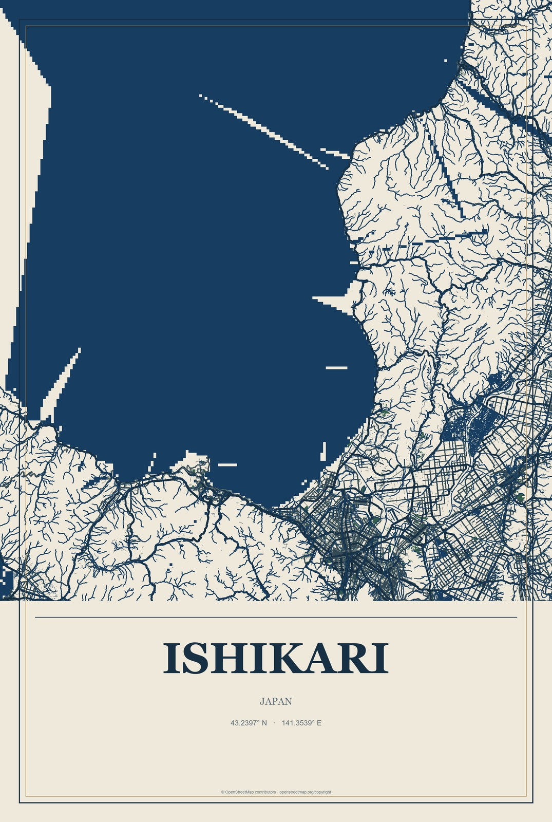 Ishikari, Japan City Map Aluminum Sign in Coastal Cutout style