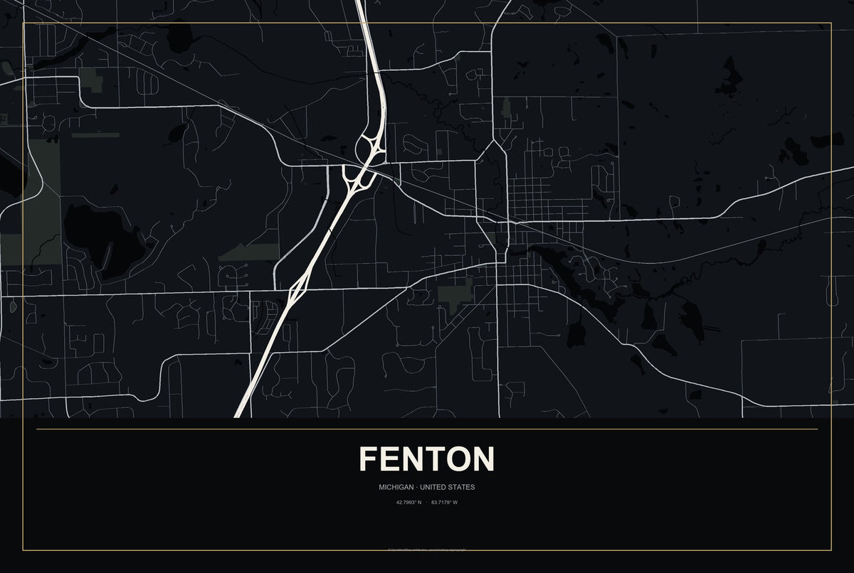 Fenton, Michigan City Map Aluminum Sign in Metropolitan Noir style
