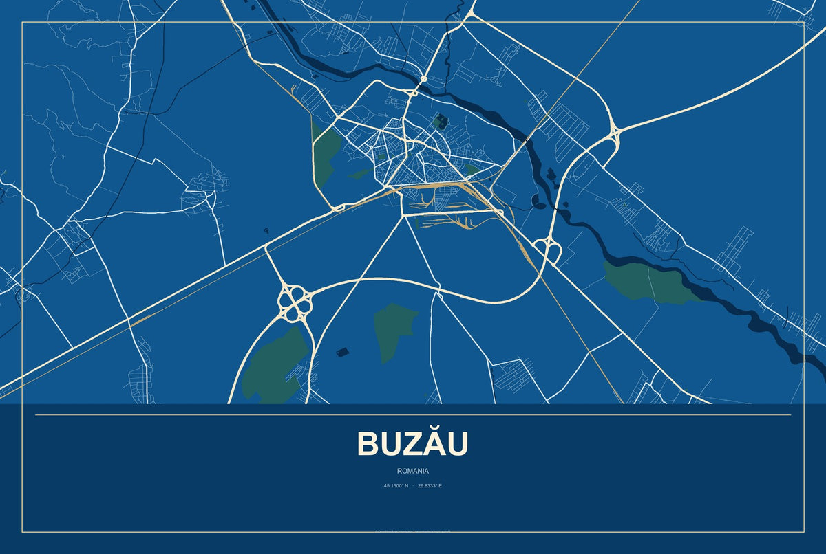 Buzău, Romania City Map Aluminum Sign in Harbor Cobalt style