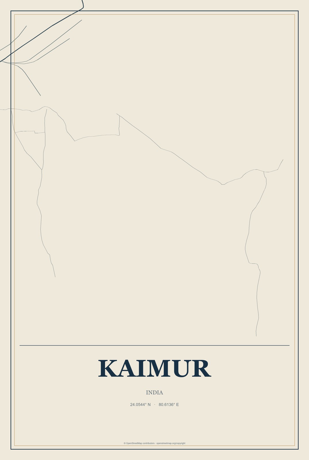 Kaimur, India City Map Aluminum Sign in Coastal Cutout style