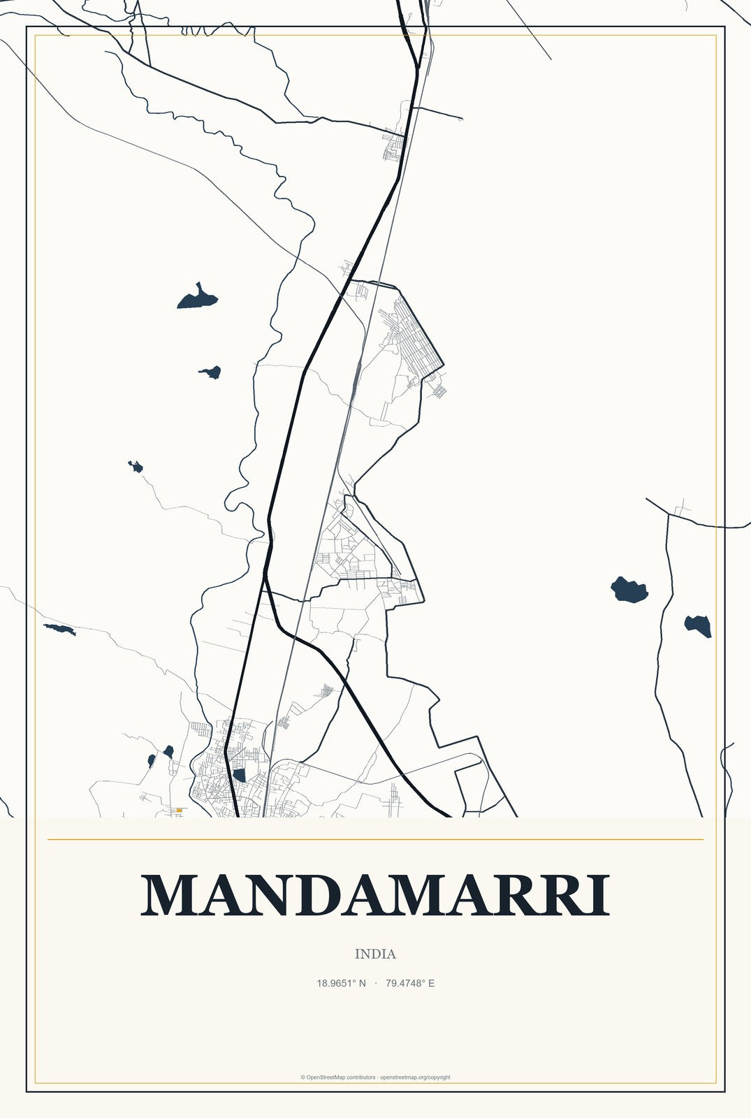Mandamarri, India City Map Aluminum Sign in Citrine Modern style