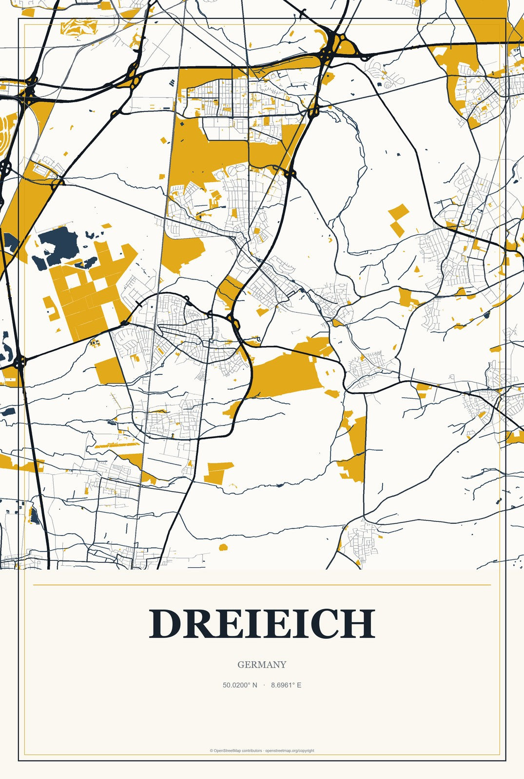 Dreieich, Germany City Map Aluminum Sign in Citrine Modern style