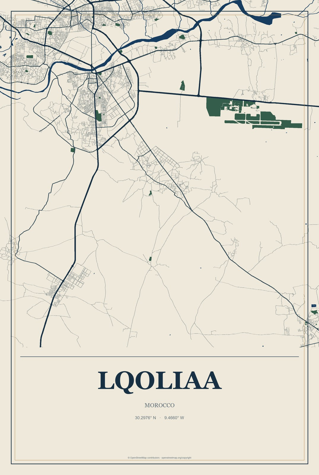Lqoliaa, Morocco City Map Aluminum Sign in Coastal Cutout style