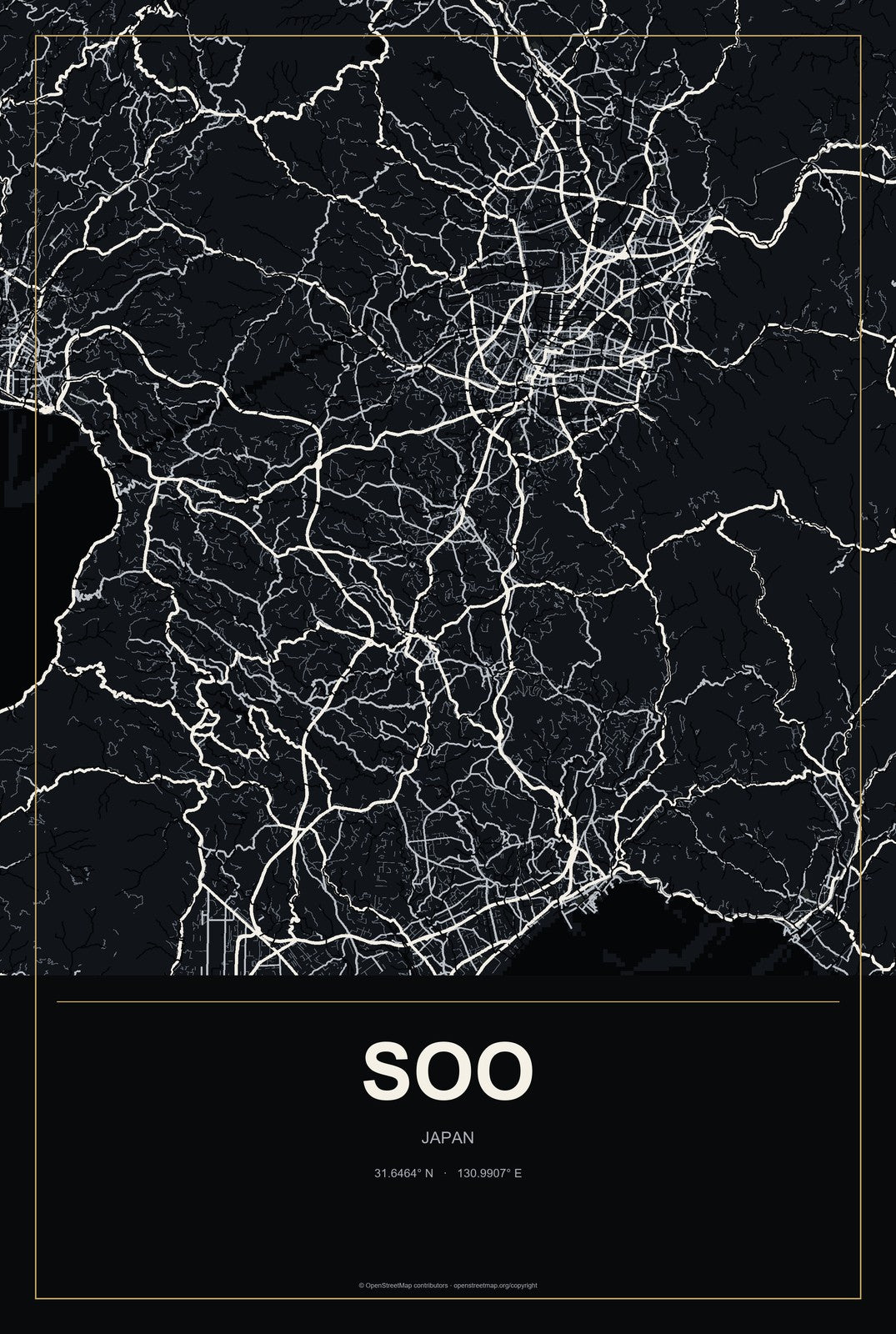 Soo, Japan City Map Aluminum Sign in Metropolitan Noir style