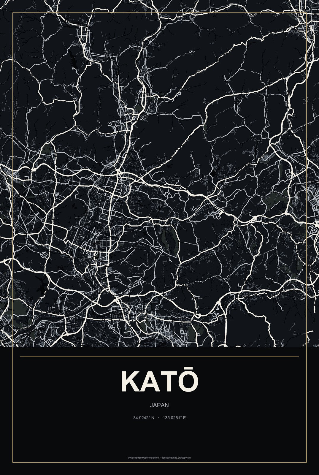 Katō, Japan City Map Aluminum Sign in Metropolitan Noir style