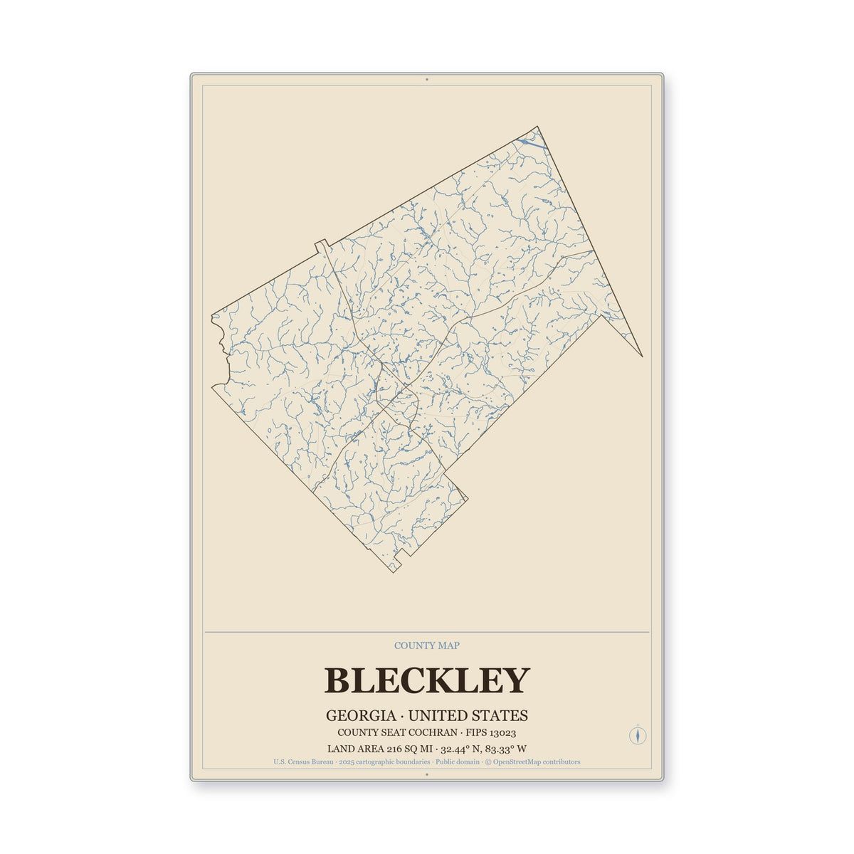 Bleckley County, Georgia Map Aluminum Sign in Heritage Nautical style