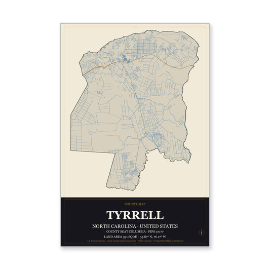 Tyrrell County, North Carolina Map Aluminum Sign in Museum Plaque style