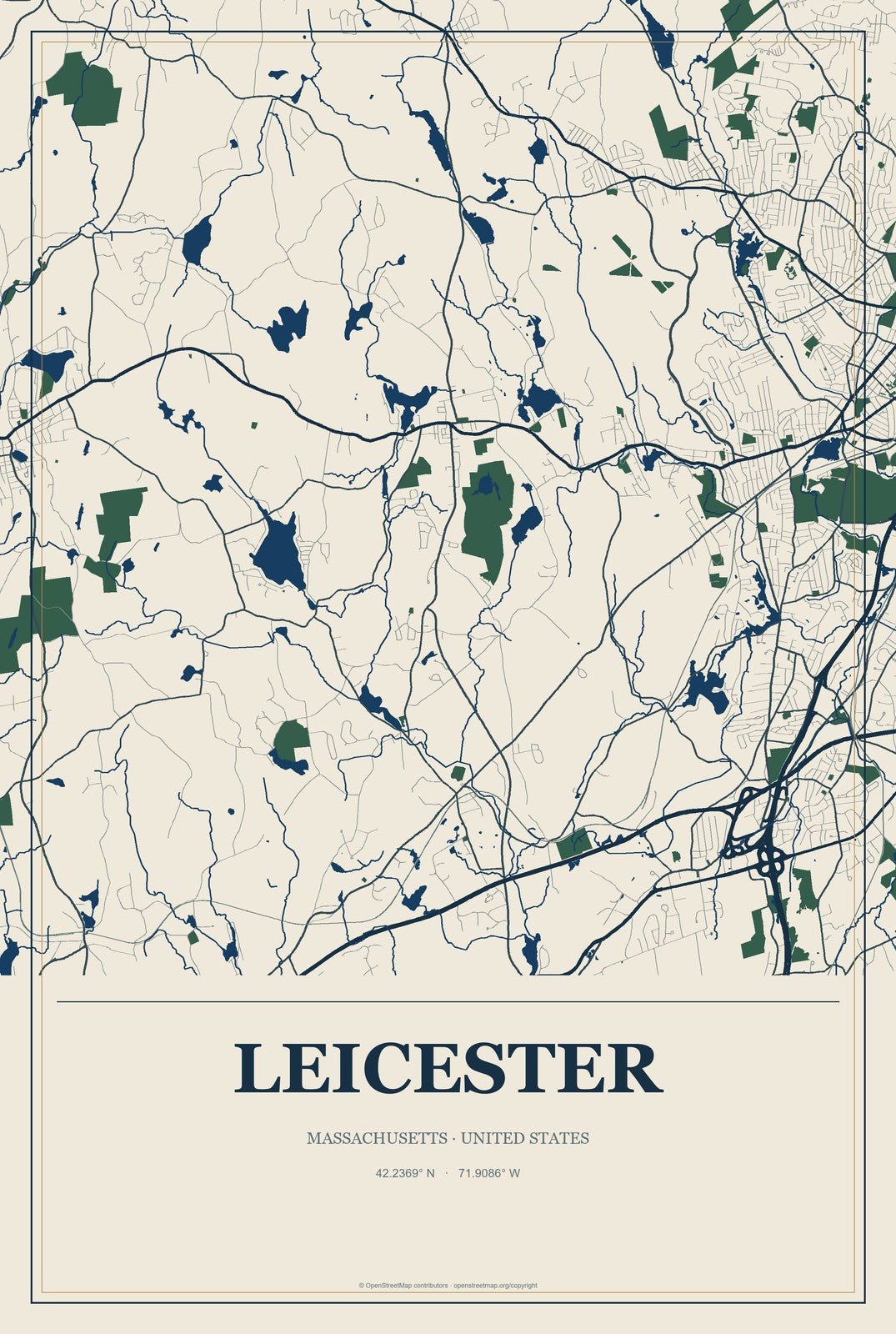 Leicester, Massachusetts City Map Aluminum Sign in Coastal Cutout style