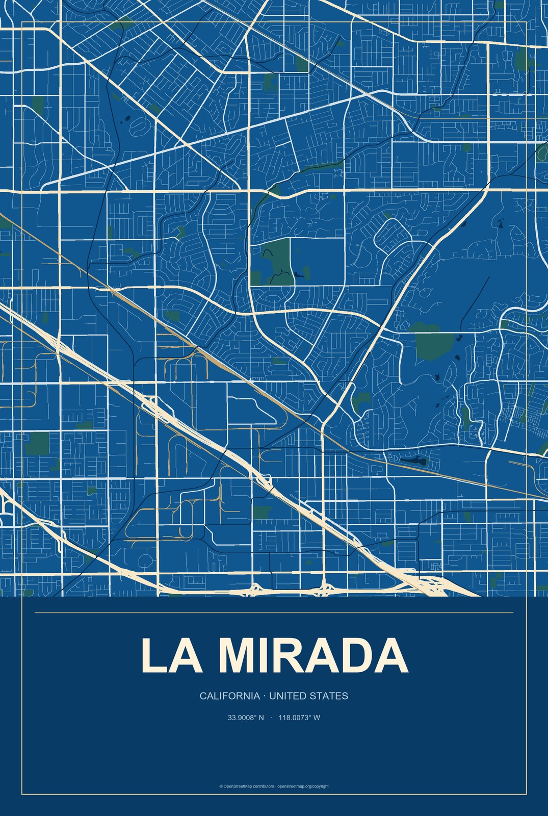 La Mirada, California City Map Aluminum Sign in Harbor Cobalt style