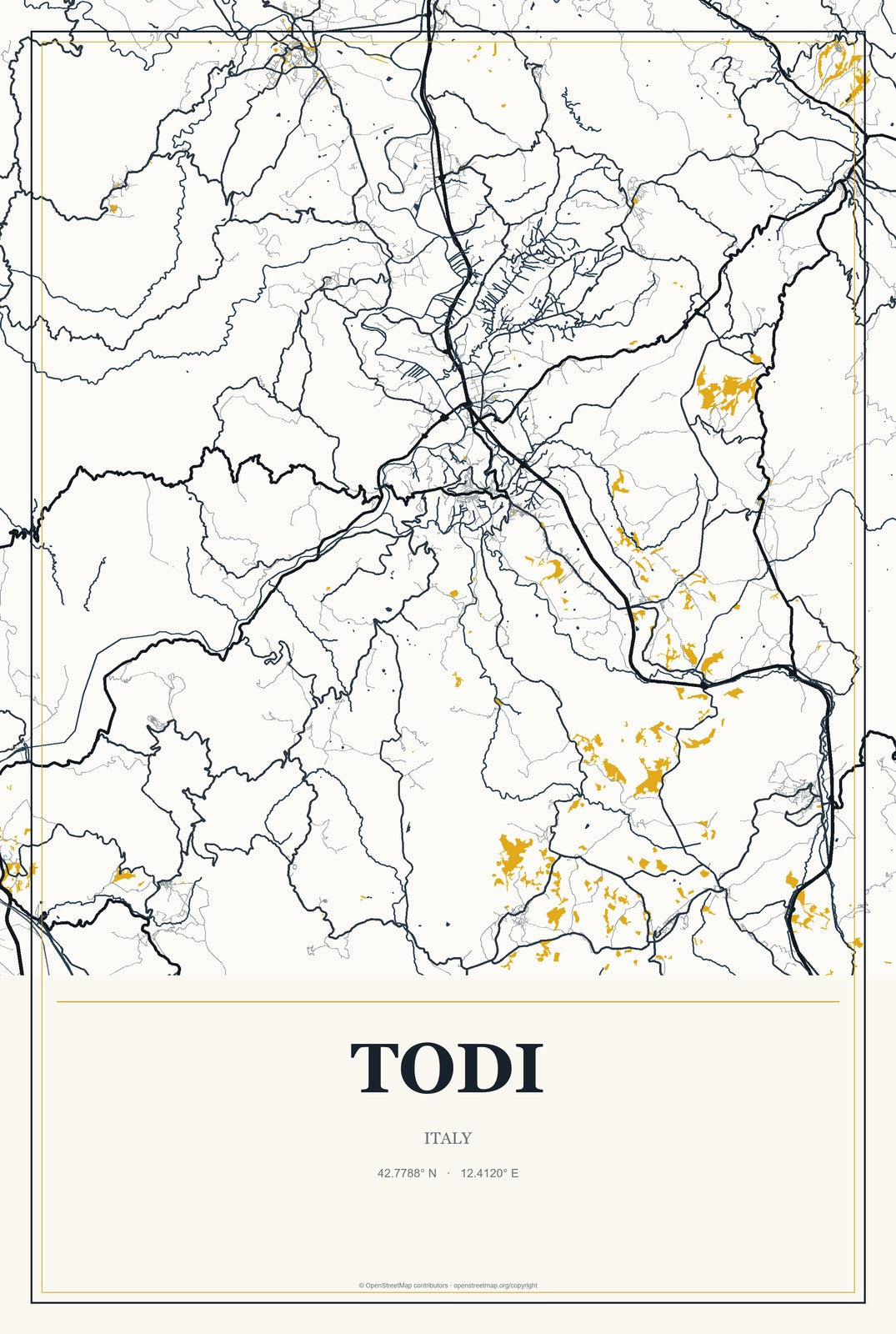 Todi, Italy City Map Aluminum Sign in Citrine Modern style