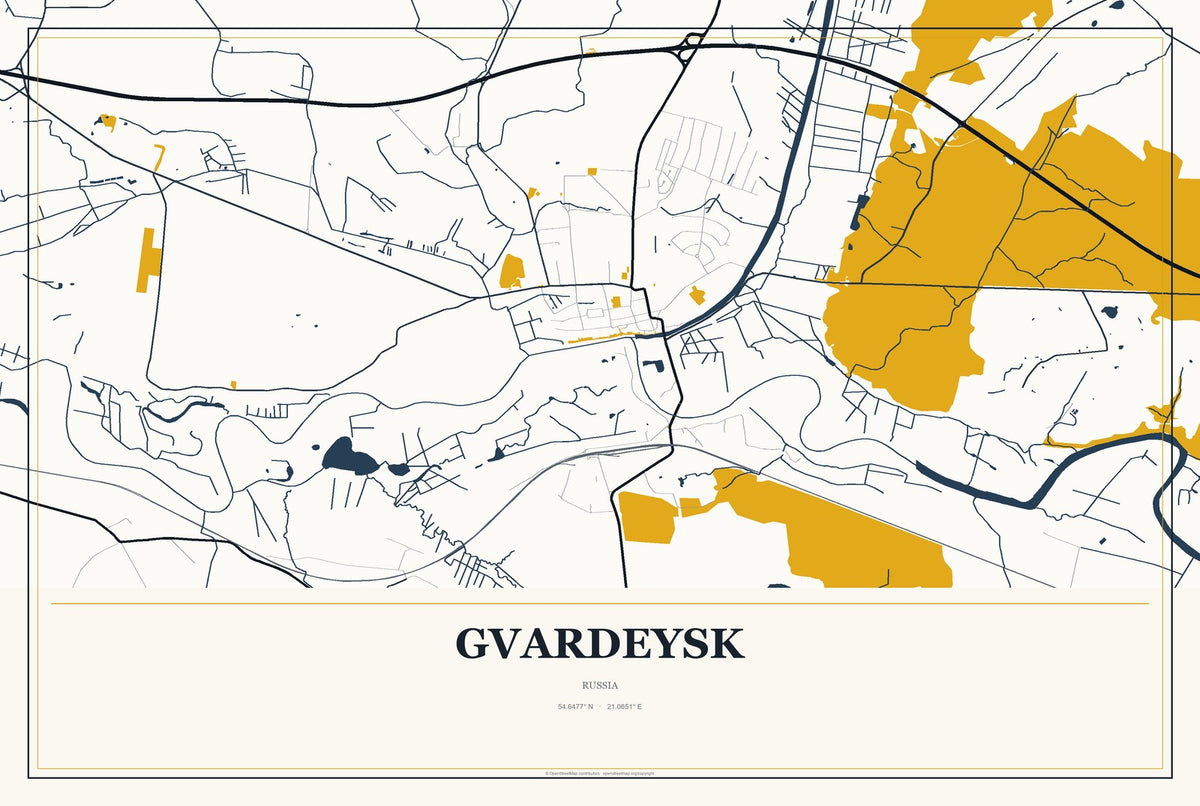 Gvardeysk, Russia City Map Aluminum Sign in Citrine Modern style