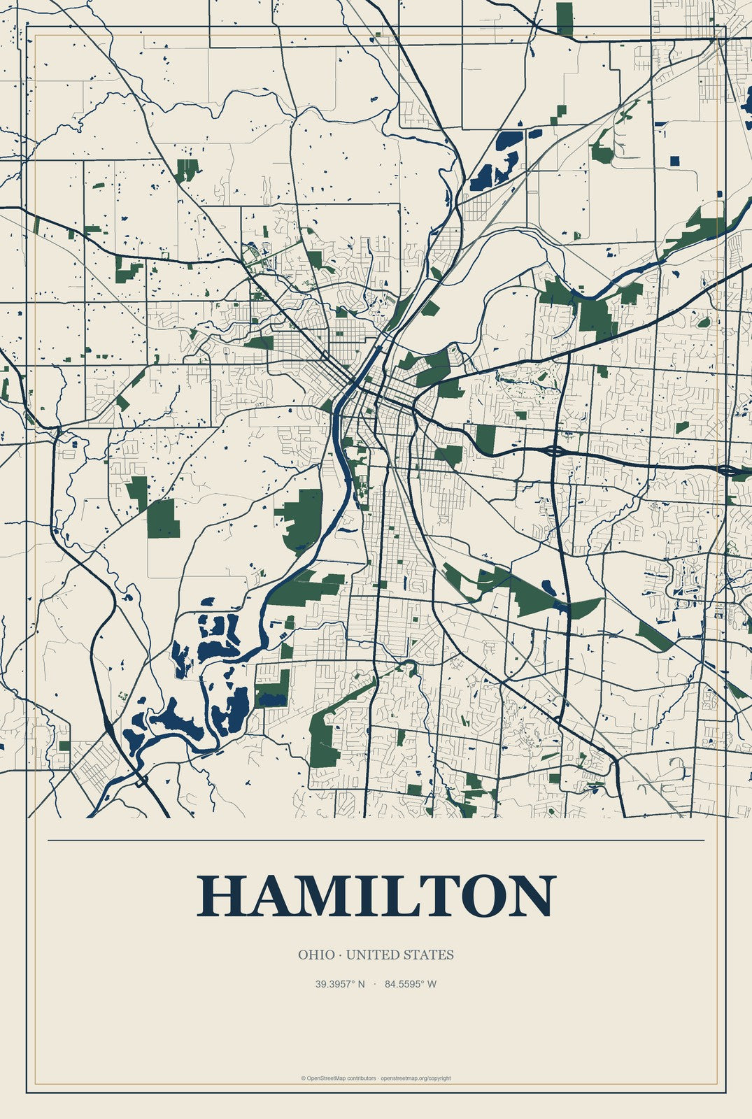 Hamilton, Ohio City Map Aluminum Sign in Coastal Cutout style