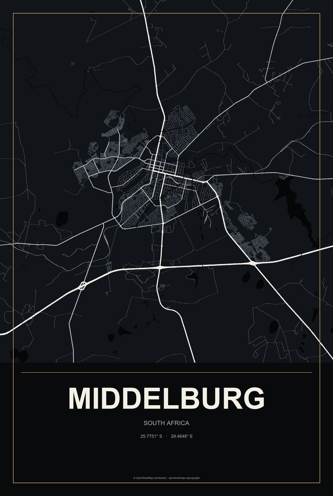 Middelburg, Eastern Cape, South Africa City Map Aluminum Sign in Metropolitan Noir style