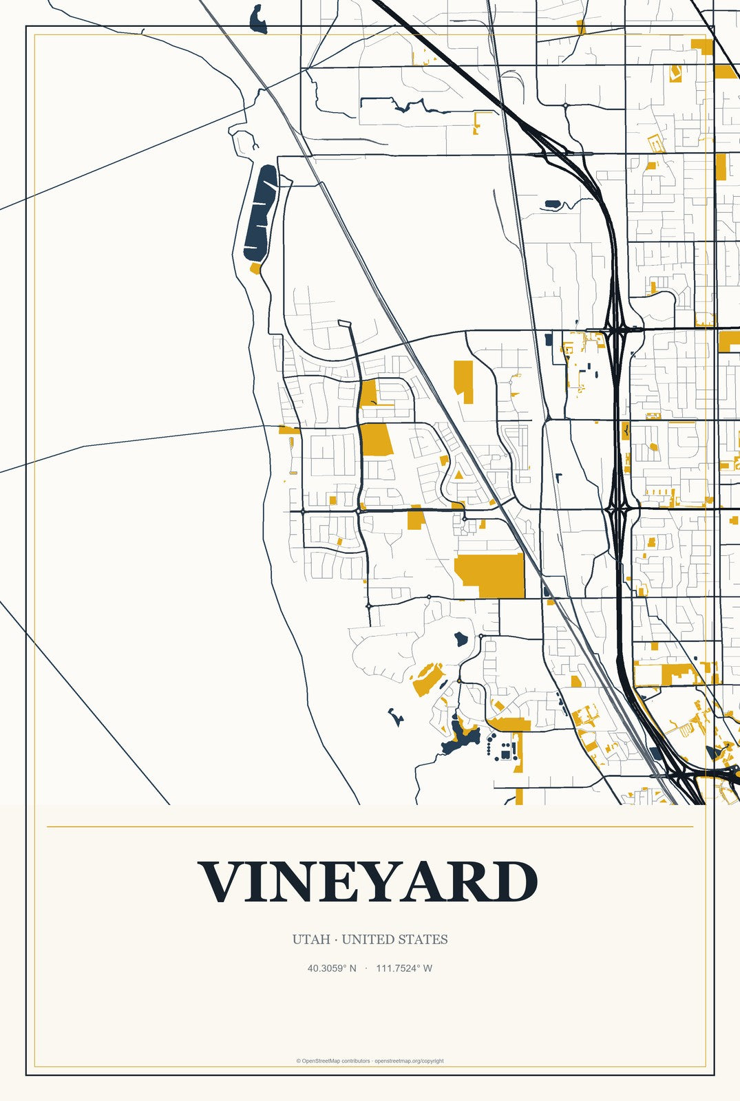 Vineyard, Utah City Map Aluminum Sign in Citrine Modern style