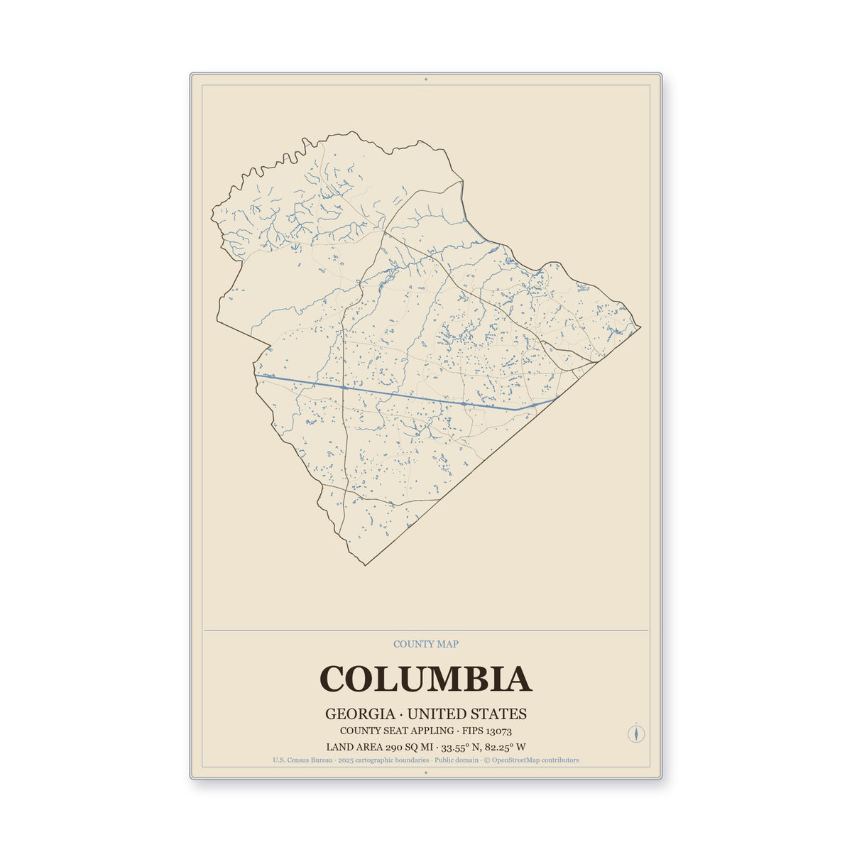Columbia County, Georgia Map Aluminum Sign in Heritage Nautical style