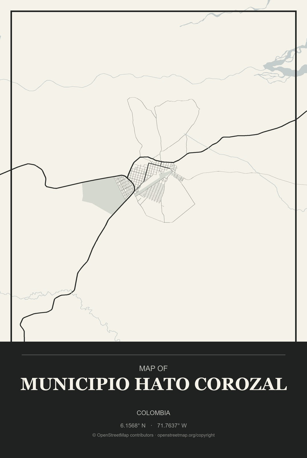 Municipio Hato Corozal, Colombia City Map Aluminum Sign in Museum Plaque style