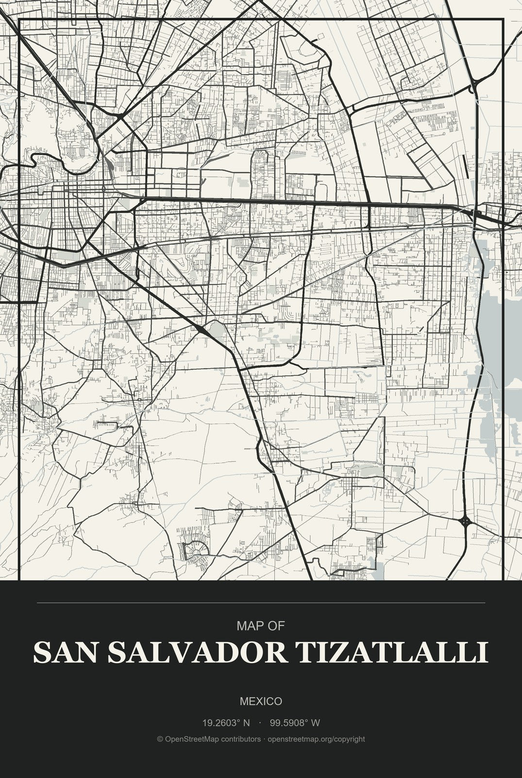 San Salvador Tizatlalli, Mexico City Map Aluminum Sign in Museum Plaque style