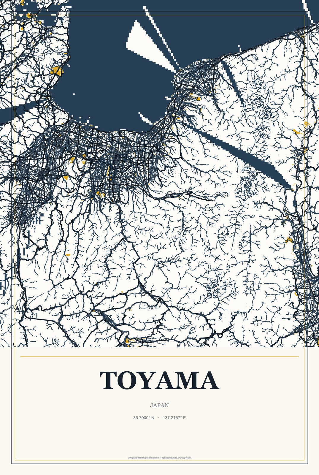 Toyama, Japan City Map Aluminum Sign in Citrine Modern style