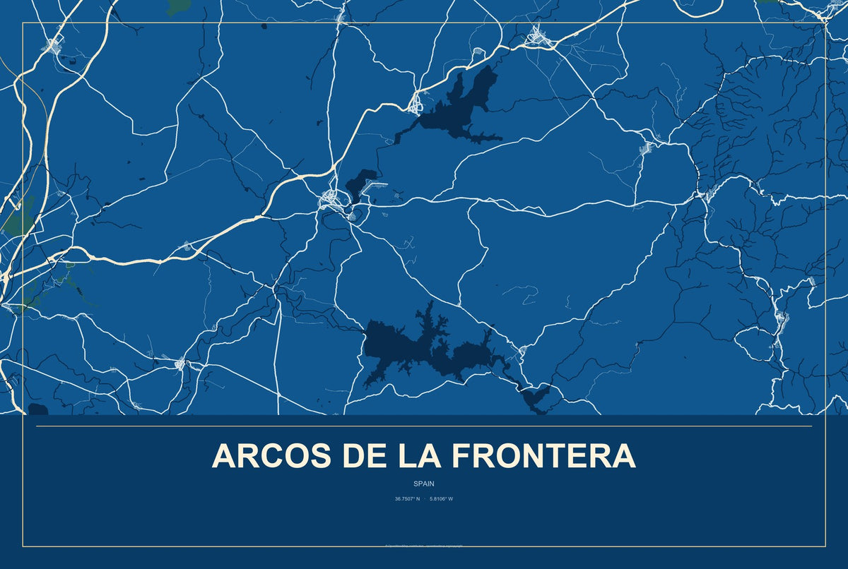 Arcos de la Frontera, Spain City Map Aluminum Sign in Harbor Cobalt style