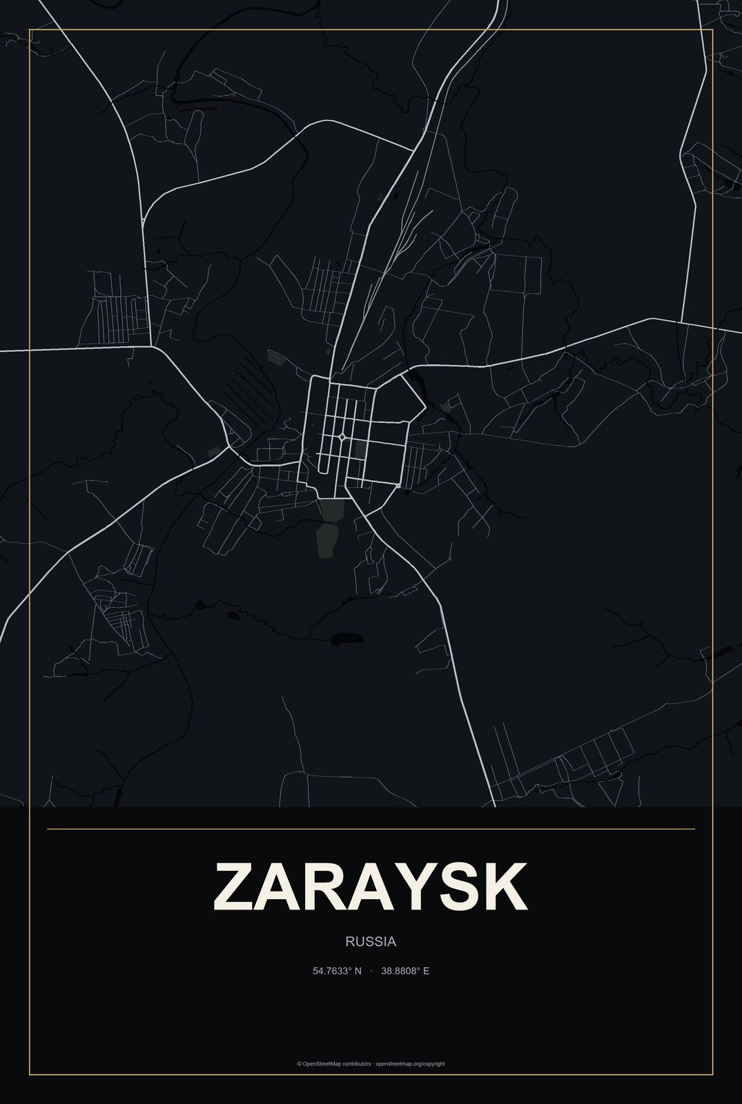 Zaraysk, Russia City Map Aluminum Sign in Metropolitan Noir style