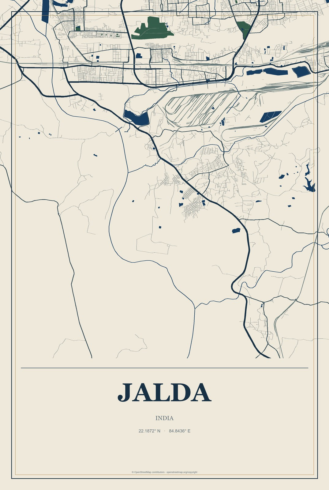 Jalda, India City Map Aluminum Sign in Coastal Cutout style
