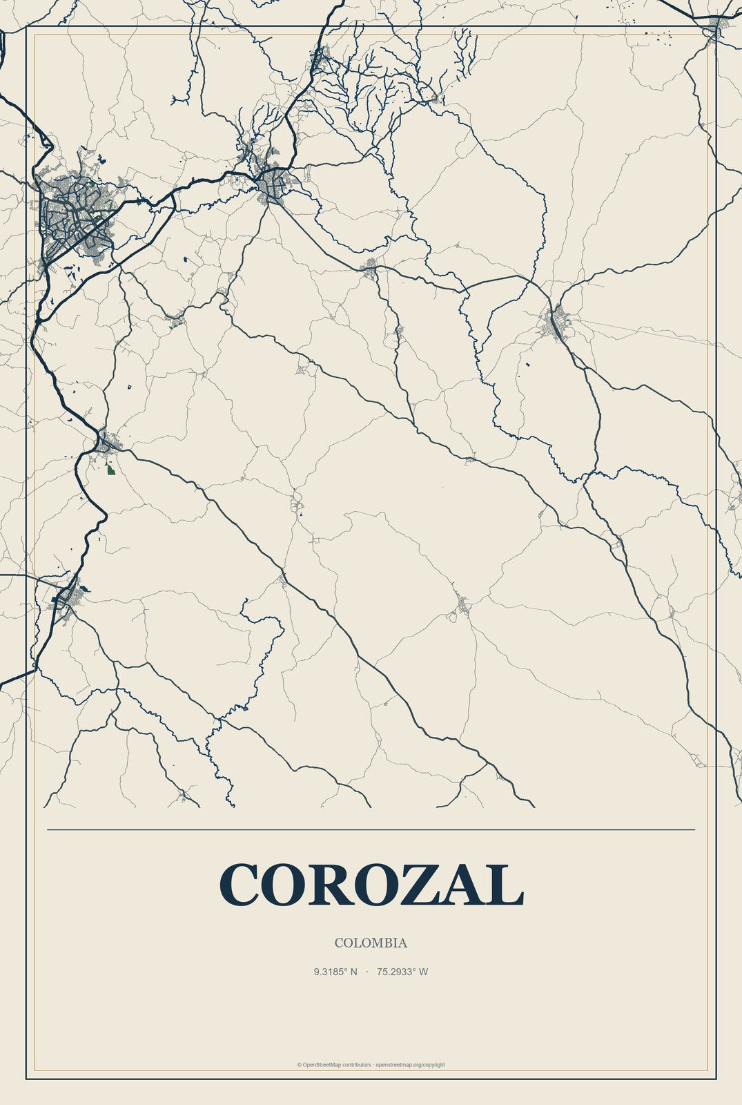 Corozal, Colombia City Map Aluminum Sign in Coastal Cutout style