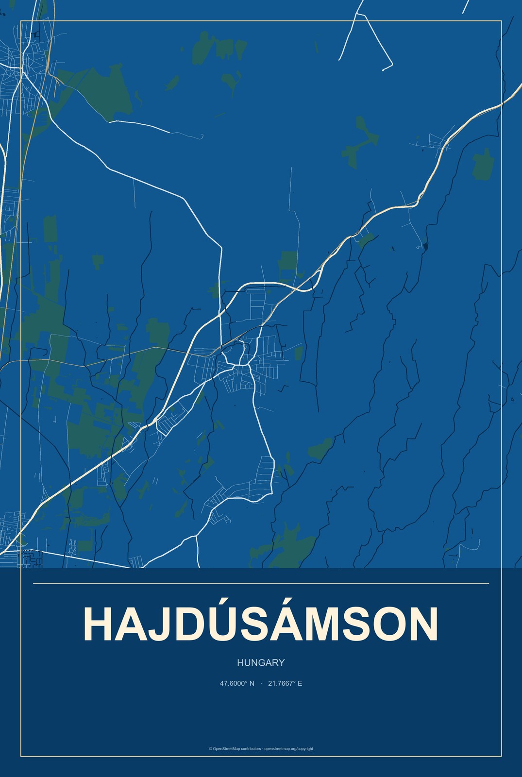 Hajdúsámson, Hungary City Map Aluminum Sign in Harbor Cobalt style