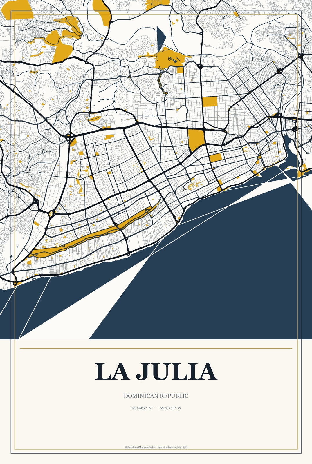 La Julia, Dominican Republic City Map Aluminum Sign in Citrine Modern style