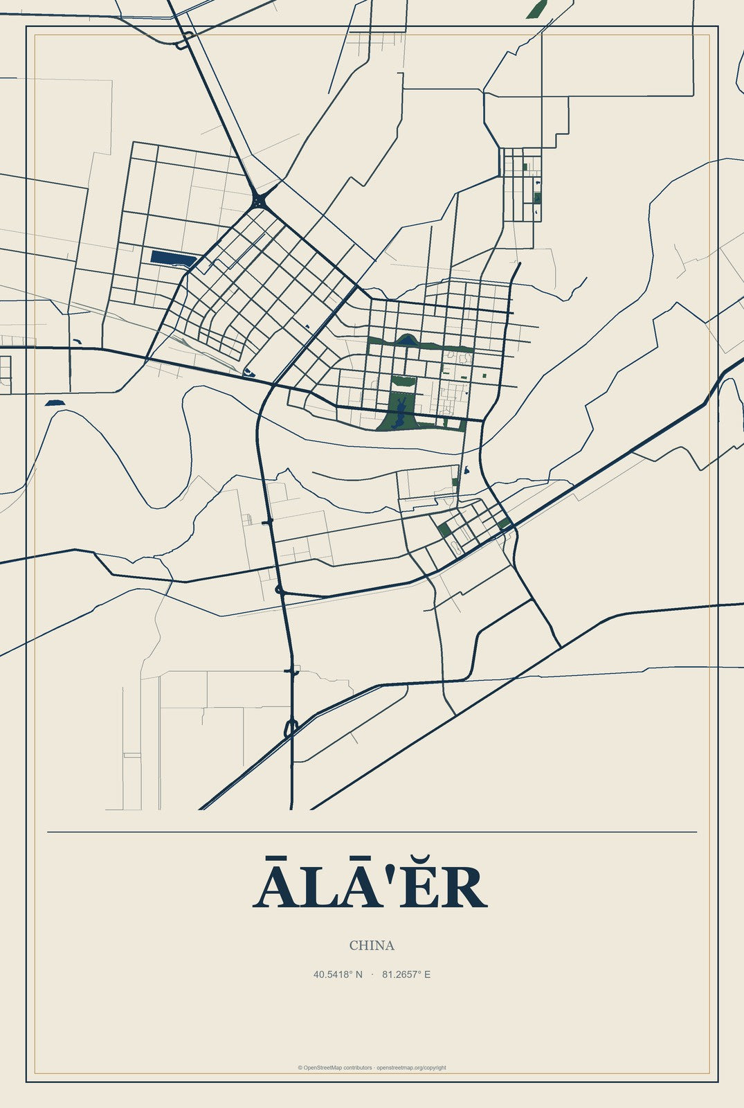 Ālā'ĕr, China City Map Aluminum Sign in Coastal Cutout style